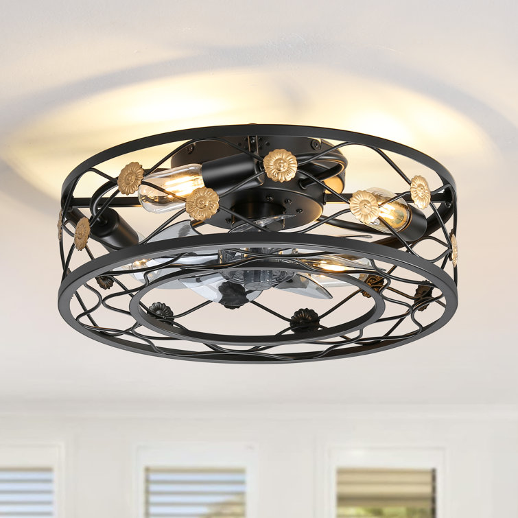 Junainah 18 Matte Black Enclosed Caged Ceiling Fan with Light and Remote Low Profile Bladeless Ceiling Fan Light Fixture 6 Speed 7 Reversible ABS